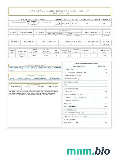 Indie TAMILNADU rachunek za usługi komunalne słowo i szablon PDF